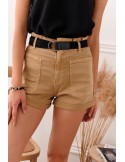 Women\'s short shorts with a belt, beige 018 - Online store - Boutique